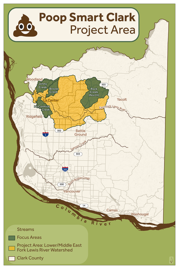 a GIS map that depicts Clark County. Title text at the top reads Poop Smart Clark Project Area. The map legend shows streams, county boundaries, focus areas for the Poop Smart Clark project, and specific focus areas in the lower/middle east fork lewis river watershed. 