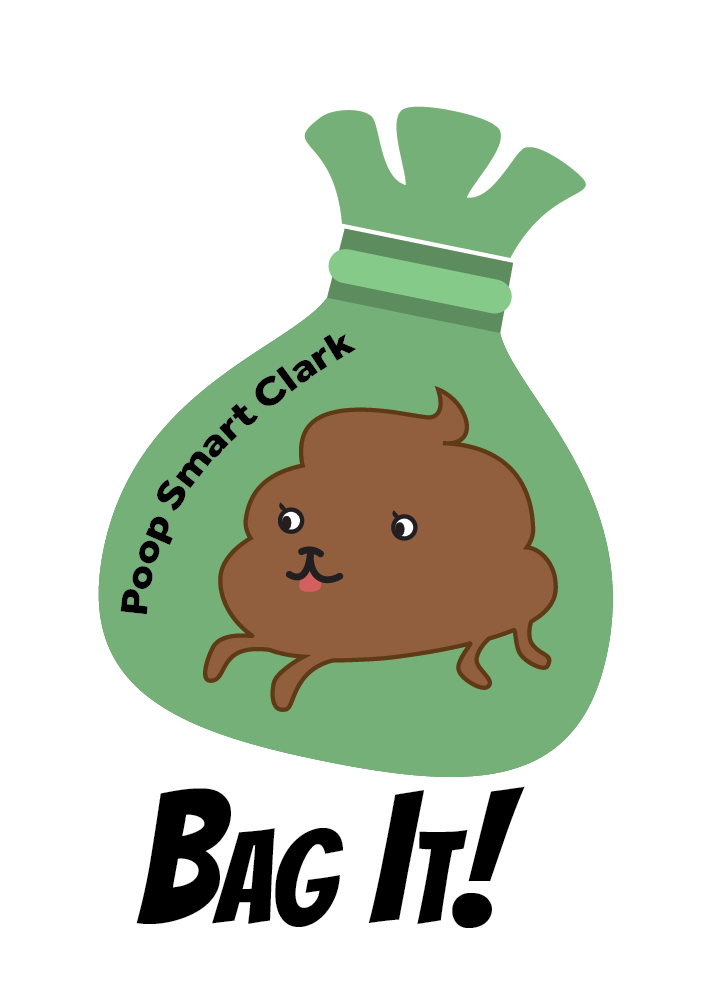 The image depicts one of the stickers created for Poop Smart Clark. It is a little dog shaped poop in a green plastic bag. Text on the sticker reads Poop Smart Clark, Bag It! 